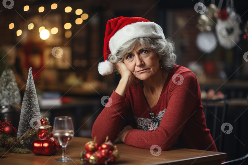 Скачать Одинокие старики. Грустная пожилая женщина в красной шапочке Санты сидит одна дома на рождественских каникулах фотосток Ozero