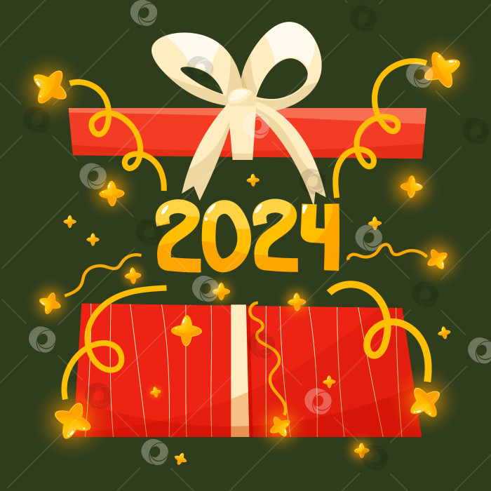 Скачать Векторная праздничная иллюстрация с текстовым оформлением логотипа 2024 года, красной подарочной коробкой и сияющими золотыми звездами, праздничным фейерверком на зеленом фоне. Типографский плакат, баннер или поздравительная открытка с новым годом. фотосток Ozero