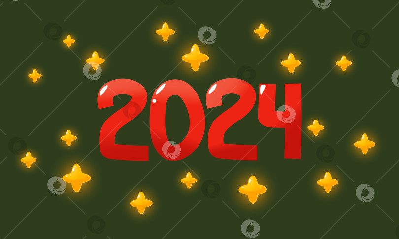 Скачать Номер 2024. логотип 2024 года с красным текстовым оформлением и сияющими звездами вокруг на зеленом фоне. Шаблон дизайна праздничного типографского плаката, баннера или поздравительной открытки с Новым годом. Векторная иллюстрация фотосток Ozero