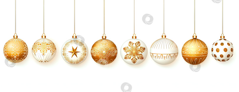 Скачать Набор белых рождественских безделушек с золотым орнаментом. Коллекция рождественских шаров. Сгенерированный искусственный интеллект. фотосток Ozero