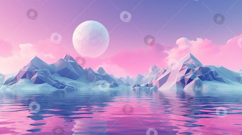 Скачать Розовый пейзаж с луной над многоугольными горами. Спокойный сюрреалистический фон. Сгенерированный ИИ. фотосток Ozero