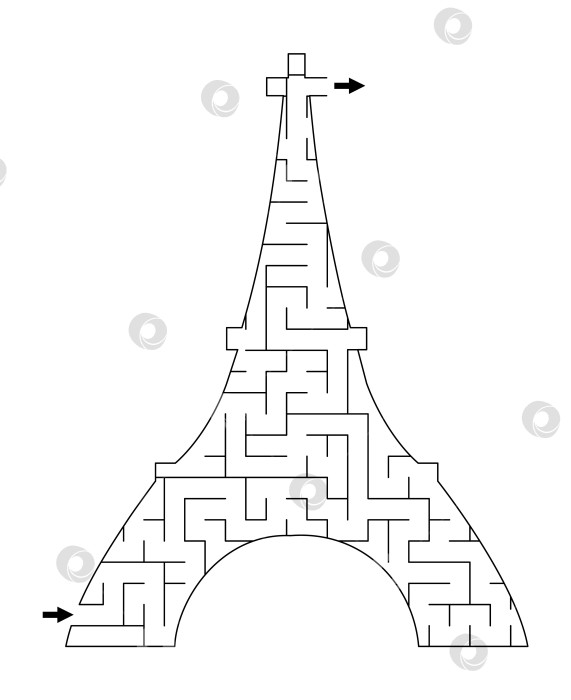 Скачать Черно-белый лабиринт для детей в форме Эйфелевой башни. Линейное занятие для детей на французском языке с достопримечательностями Парижа. Игра в геометрический лабиринт, головоломка или раскраска с изображением Франции фотосток Ozero