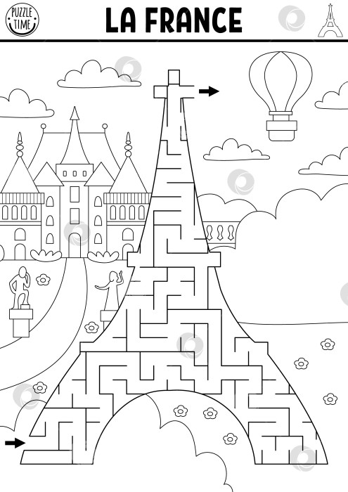 Скачать Черно-белый лабиринт для детей с Эйфелевой башней. Занятие для детей дошкольного возраста с главной достопримечательностью Парижа. Игра в геометрический лабиринт, головоломка или раскраска с изображением Франции фотосток Ozero