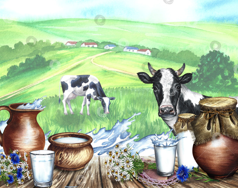 Скачать Корова и молочные продукты в керамической и стеклянной посуде. На фоне сельского пейзажа. Рамка с брызгами молока. Иллюстрация, нарисованная акварелью от руки. Для молочных продуктов, рекламы, флаера, упаковки. фотосток Ozero