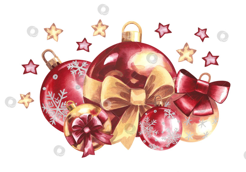 Скачать композиция из рождественских шаров. Акварельная иллюстрация ручной работы. Изолировать. Счастливого Рождества и счастливого Нового года. Для поздравительных и пригласительных открыток, упаковок и этикеток. Для принтов и наклеек. фотосток Ozero