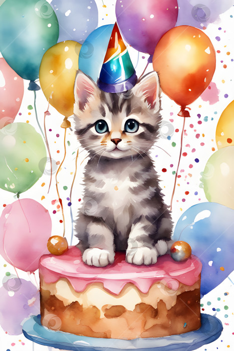 Скачать акварельная поздравительная открытка с котом в праздничной шляпе и праздничным тортом с воздушными шарами фотосток Ozero