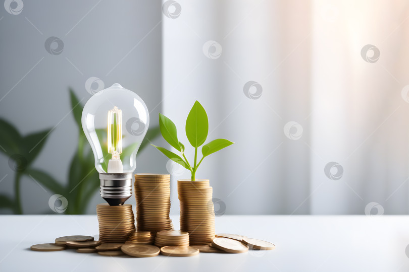 Скачать энергосберегающая лампа с монетами и растениями, концепция экологии и экономии фотосток Ozero