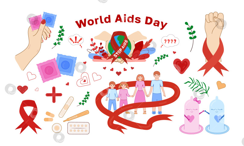Скачать Всемирный день борьбы со СПИДом и ВИЧ-инфекцией установил векторные элементы. Красная лента, контрацепция, сердечки, лекарства. фотосток Ozero
