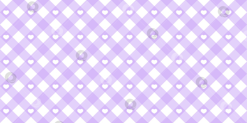 Скачать Бесшовный диагональный узор в виде сердца в клетку фиолетового пастельного цвета. Дизайн в клетку Виши для текстильного декора к празднику Пасхи. Векторный клетчатый узор для ткани - одеяло для пикника, скатерть, платье, салфетка. фотосток Ozero