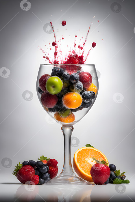 Скачать фруктовый взрыв ягод и фрукт в прозрачном бокале фотосток Ozero