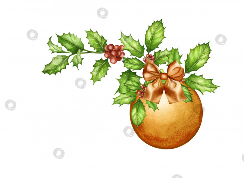 Скачать Акварельный рисунок от руки. Рождественский букет, новогодняя композиция с елочной игрушкой, листьями остролиста, еловой веткой, шишками. Художественный креативный реалистичный объект для праздничной упаковки, открытки, наклейки, обоев, флориста, блокнота. фотосток Ozero