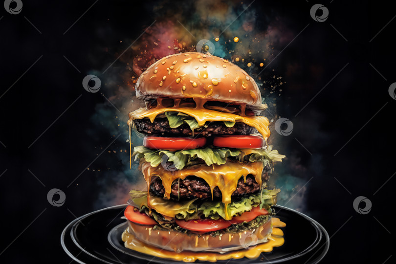 Скачать гамбургер на темном фоне в красках, всплеск искусства фотосток Ozero