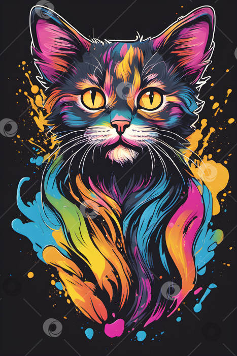 Скачать крупным планом красочный портрет кошки в красках, принт, дизайн футболки, черный фон фотосток Ozero
