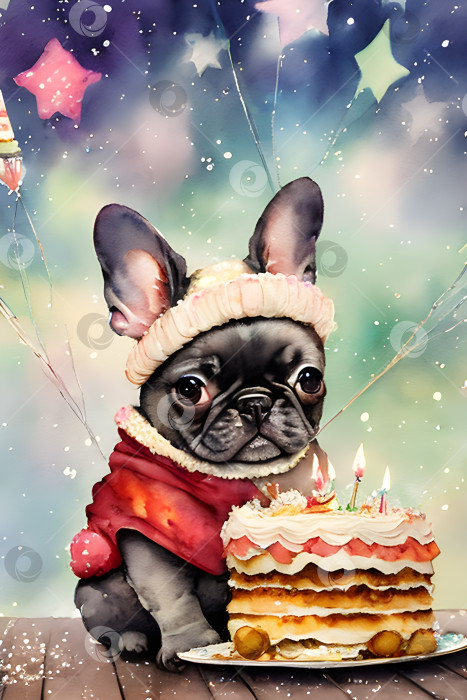 Скачать щенок французского бульдога в праздничной шляпе с праздничным тортом, воздушными шарами, конфетти, акварелью фотосток Ozero