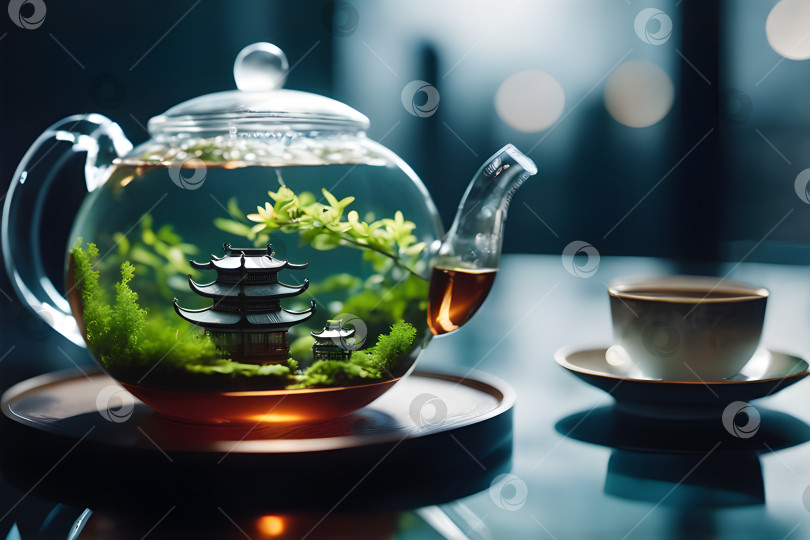 Скачать китайский город внутри чайника с чаем, китайская чайная церемония фотосток Ozero