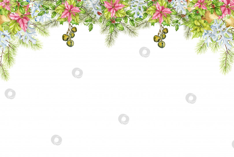 Скачать Акварельный рисунок от руки. Рамка, баннер, бордюр, рождественская композиция из остролиста, пуансеттий, ели, свечей, звезды, барбариса и спиленного дерева. Художественный креативный реалистичный объект для наклейки, флориста, блокнота, праздника, упаковки. фотосток Ozero