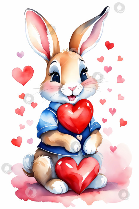 Скачать акварельный милый кролик, держащий в лапках сердечко, открытка на день святого Валентина фотосток Ozero