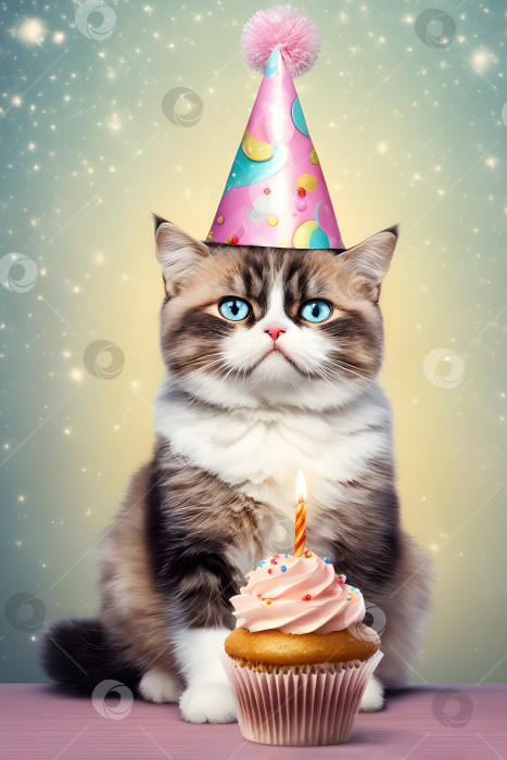 Скачать очень грустный злой кот с праздничным тортом на праздничном фоне фотосток Ozero