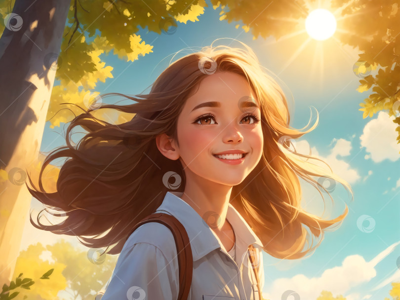 Скачать Счастливая девушка улыбается иллюстрации с небом и деревьями на заднем плане фотосток Ozero