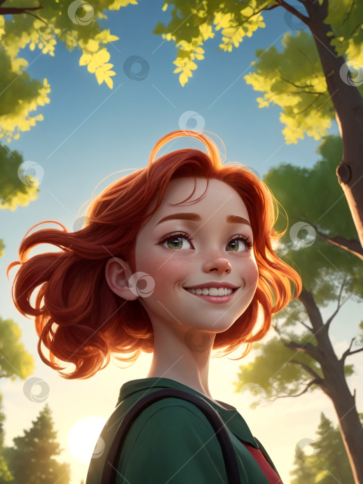 Скачать Счастливая девушка улыбается иллюстрации с небом и деревьями на заднем плане фотосток Ozero