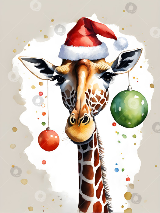 Скачать Жираф в рождественской шляпе с рождественскими шарами на белом фоне, акварельная поздравительная открытка фотосток Ozero