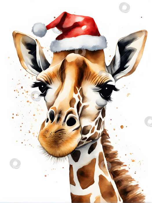 Скачать Жираф в рождественской шляпе на белом фоне, акварельная поздравительная открытка фотосток Ozero