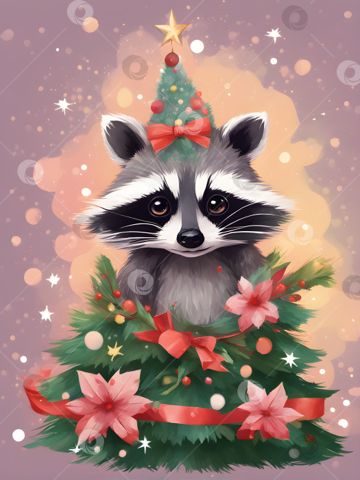 Скачать нарисованный милый енот, сидящий внутри рождественской елки, открытка фотосток Ozero