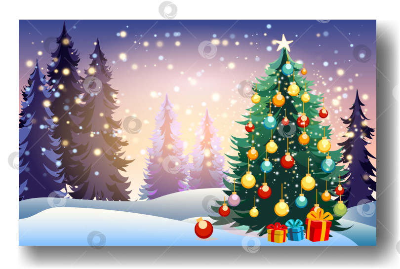 Скачать Красивый рождественский и новогодний фон с украшенной рождественской елкой в пушистых сугробах на фоне вечернего зимнего леса, падающего снега и волшебного неба фотосток Ozero