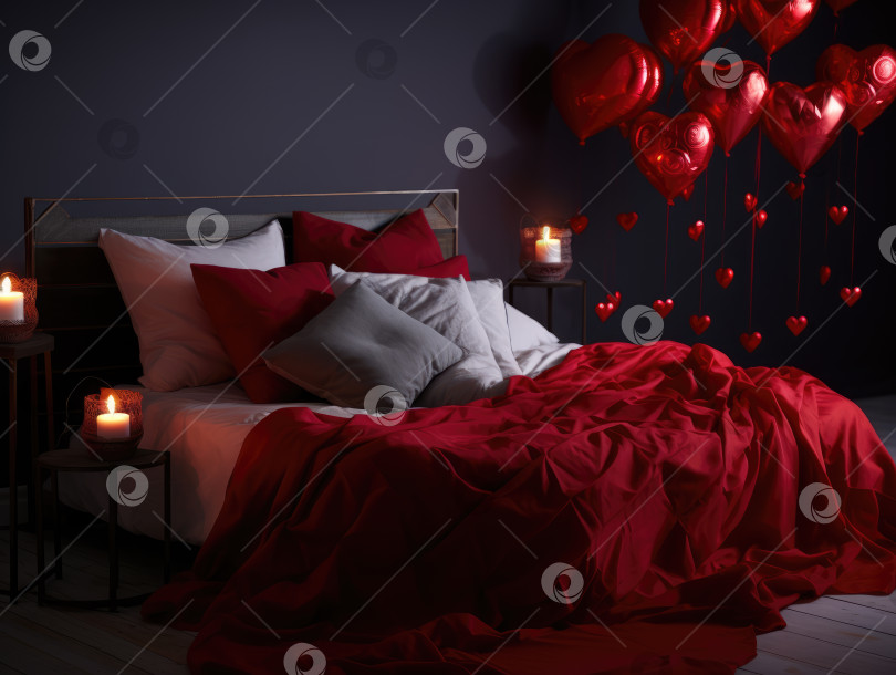 Скачать Поколение искусственного интеллекта. Романтический фон на День Святого Валентина с кроватью с красным постельным бельем, лепестками роз и свечами. фотосток Ozero