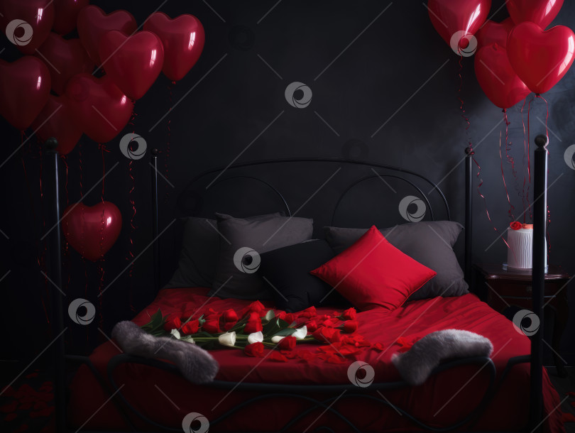 Скачать Поколение искусственного интеллекта. Романтический фон на День Святого Валентина с кроватью с красным постельным бельем, лепестками роз и свечами. фотосток Ozero
