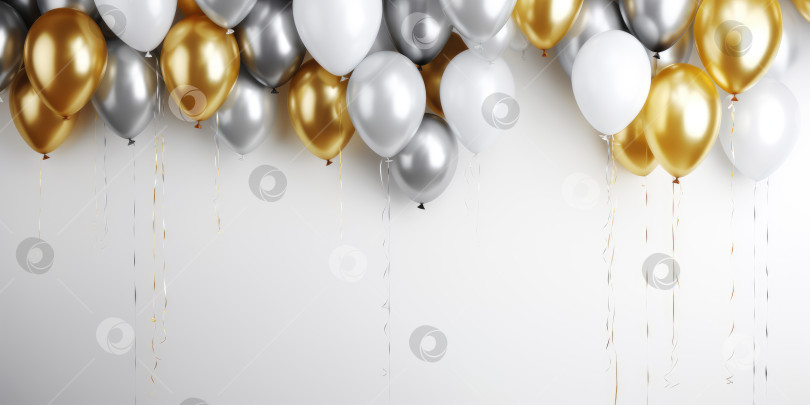 Скачать Поколение искусственного интеллекта. Белые, золотые и серебряные воздушные шары на белом фоне. Концепция праздника и дня рождения. фотосток Ozero