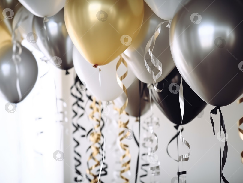 Скачать Поколение искусственного интеллекта. Белые, черные, золотые и серебряные воздушные шары и конфетти на белом фоне. Концепция праздника и дня рождения. фотосток Ozero