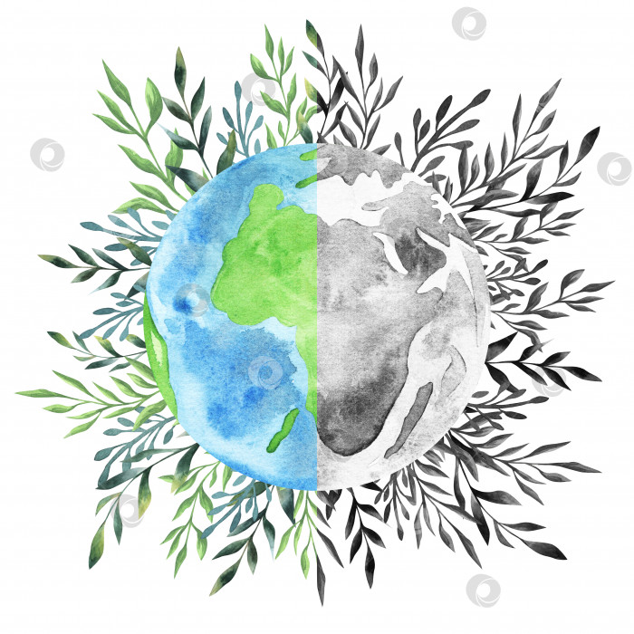 Скачать Акварельная иллюстрация ко Дню Земли и Дню мира. Рисунок земного шара с континентами и океанами, обрамленный венком из зеленых ветвей с листьями. Тема любви к экологии, миру и Земле. фотосток Ozero