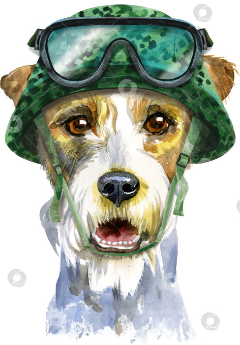 Скачать Акварельный портрет собаки породы эрдельтерьер в военном тактическом шлеме фотосток Ozero