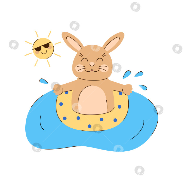 Скачать Кролик купается в круге для плавания. Летний персонаж и солнце. Милый бежевый кролик. Сезонная векторная иллюстрация в плоском стиле фотосток Ozero