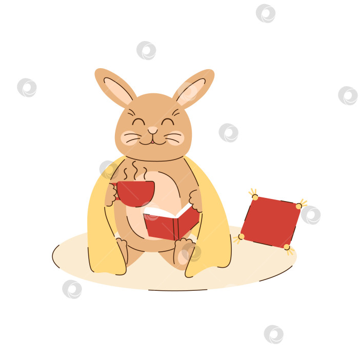 Скачать Кролик с кружкой чая и книгой сидит под пледом. Осенний уютный персонаж. Милый бежевый кролик. Сезонная векторная иллюстрация в плоском стиле фотосток Ozero