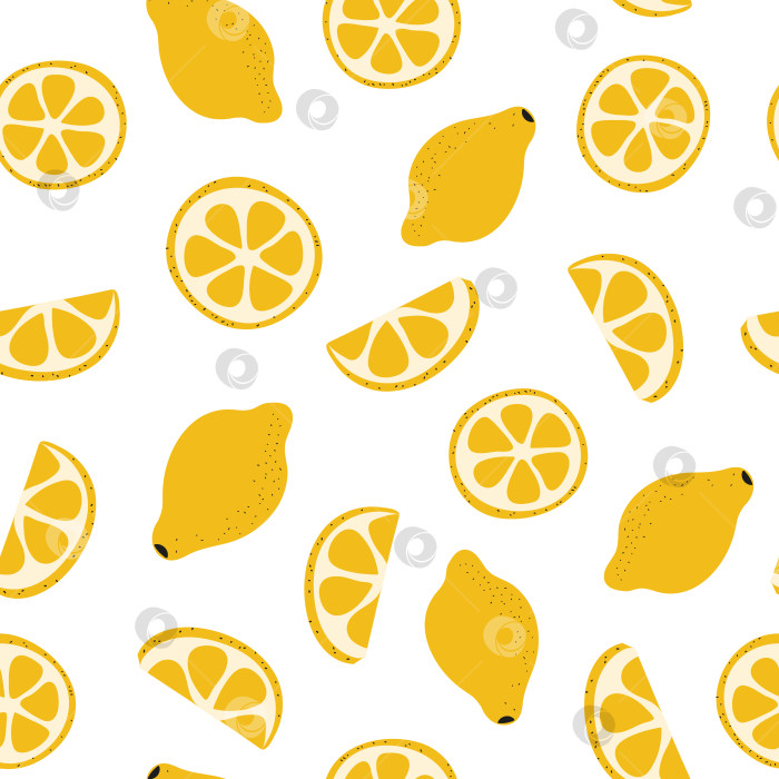 Скачать Узор из лимонов и ломтиков на белом фоне. Цитрусовые кислые фрукты. Желтый цитрон. Круглый кусочек и четвертинка. Нарисовано от руки фотосток Ozero