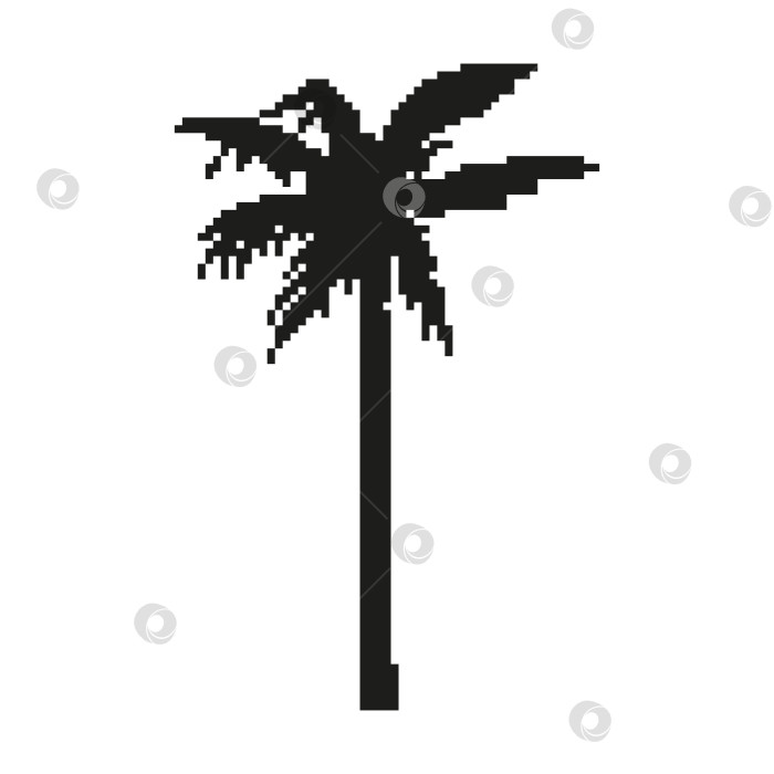 Скачать Силуэт пиксельной пальмы. Стиль игры 90-х, 8-битная. Черное тропическое пляжное дерево на белом фоне. Ствол, листья фотосток Ozero