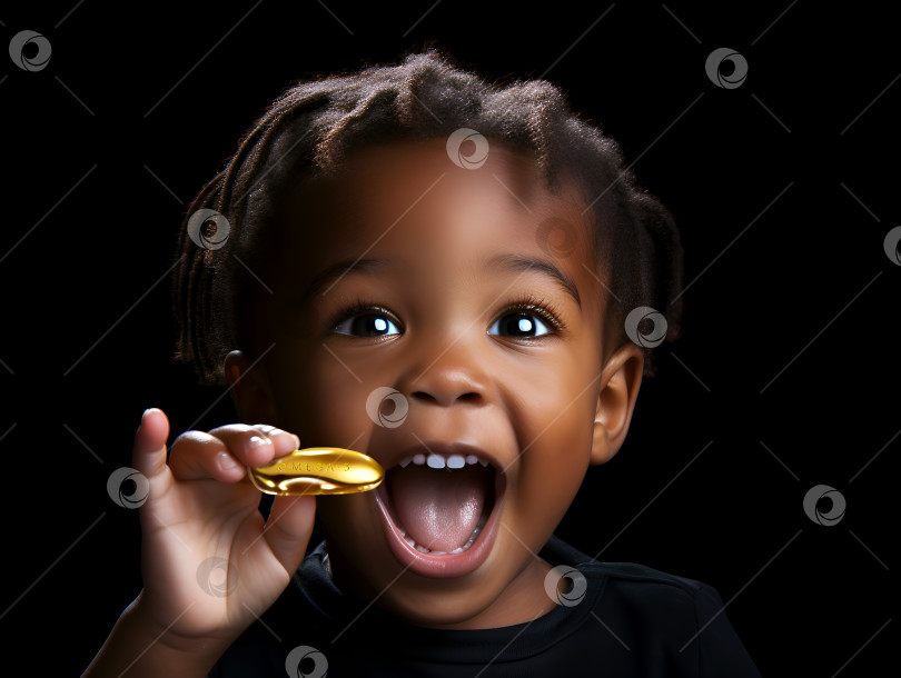 Скачать Счастливый африканский малыш с таблеткой Омега-3 в руках на темном фоне. Радостный малыш с добавкой Омега-3 для здорового роста. Витамины для детей. Широкая улыбка маленького ребенка с капсулой витамина Омега-3 фотосток Ozero