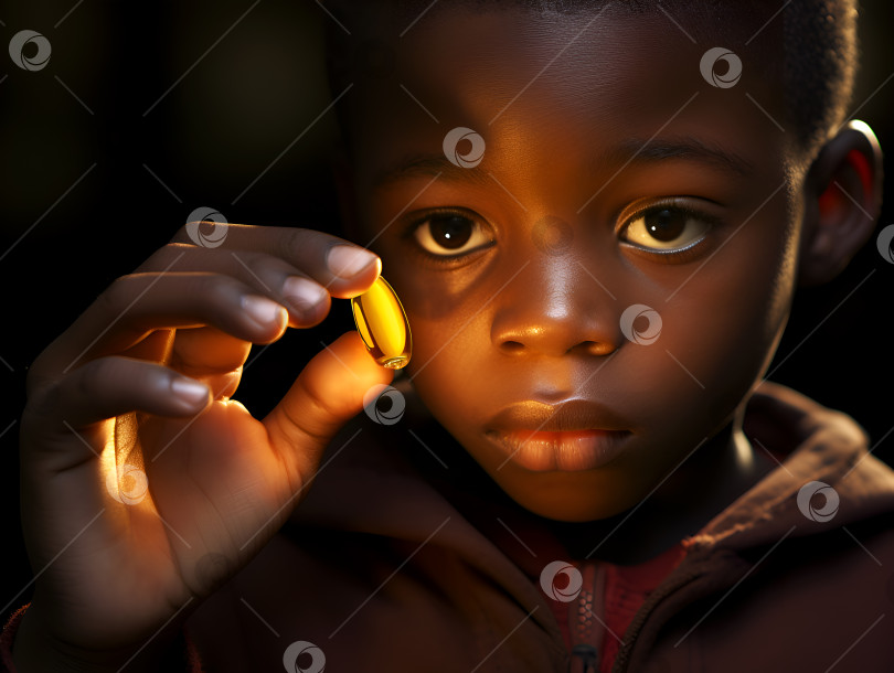 Скачать Африканский ребенок с капсулой Омега-3 в руках на темном фоне. Ребенку дают добавку Омега-3 для здорового роста. Витамины для детей. Широкая улыбка маленького ребенка с капсулой витамина Омега-3. Таблетка Омега-3 фотосток Ozero