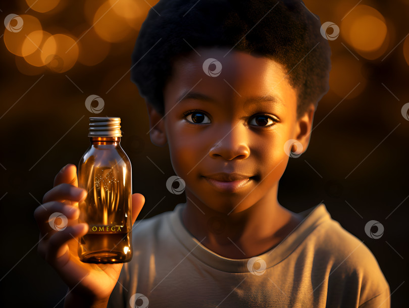 Скачать Ребенок держит бутылочку рыбьего жира Омега-3 на фоне заката на фоне боке. Счастливый африканский малыш представляет бутылочку с добавкой Омега-3, концепция здравоохранения. Омега-3 для детей. Витамины для детей фотосток Ozero