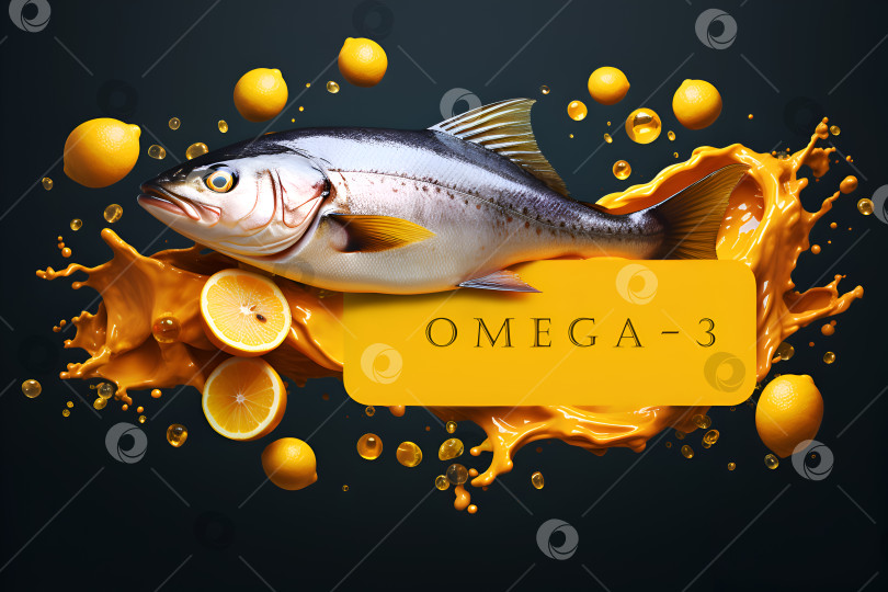 Скачать Концепция рыбьего жира Омега-3. Рыба, богатая омега-3, с цитрусовым привкусом. Рекламный баннер, представляющий витамин Омега-3 в качестве добавки к здоровому питанию и для улучшения самочувствия и жизненной силы фотосток Ozero