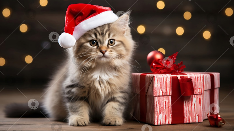 Скачать Милый котенок с подарками на Рождество фотосток Ozero