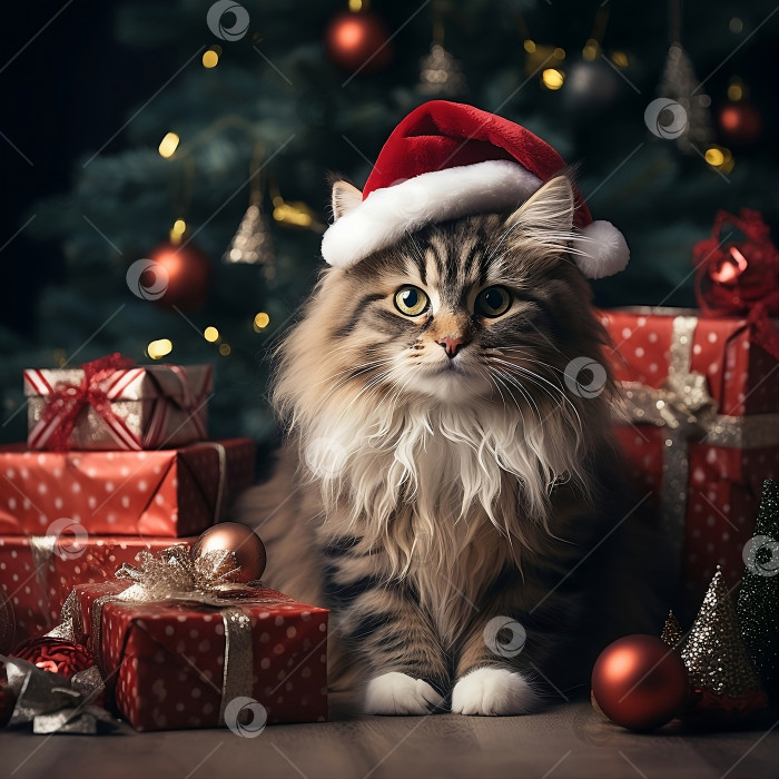 Скачать Милый котенок с подарками на Рождество фотосток Ozero