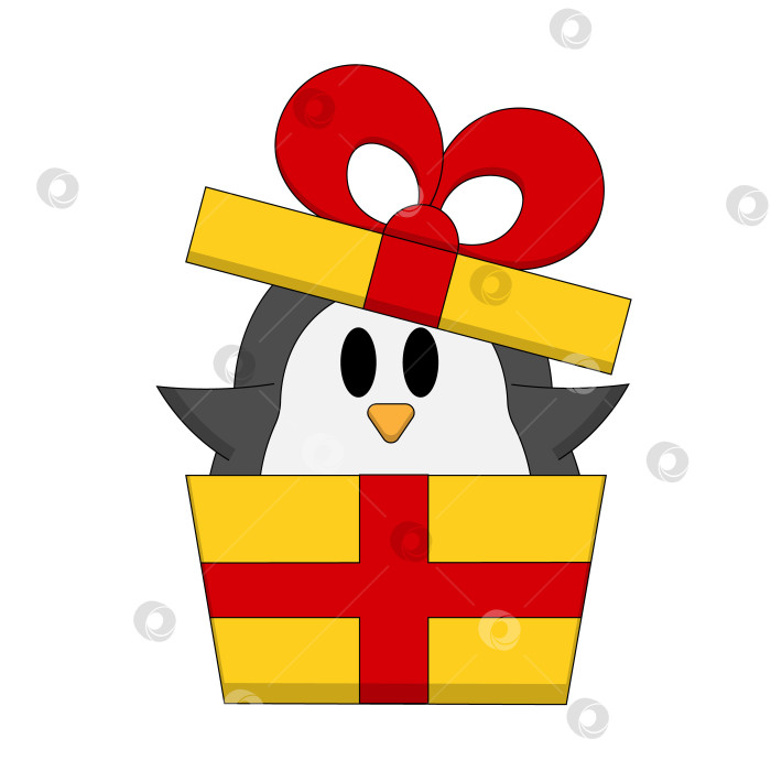 Скачать Милый мультяшный пингвин в подарочной коробке в цвете фотосток Ozero