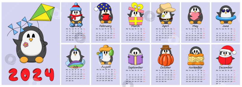 Скачать Календарь на 2024 год с милым мультяшным персонажем Пингвином фотосток Ozero