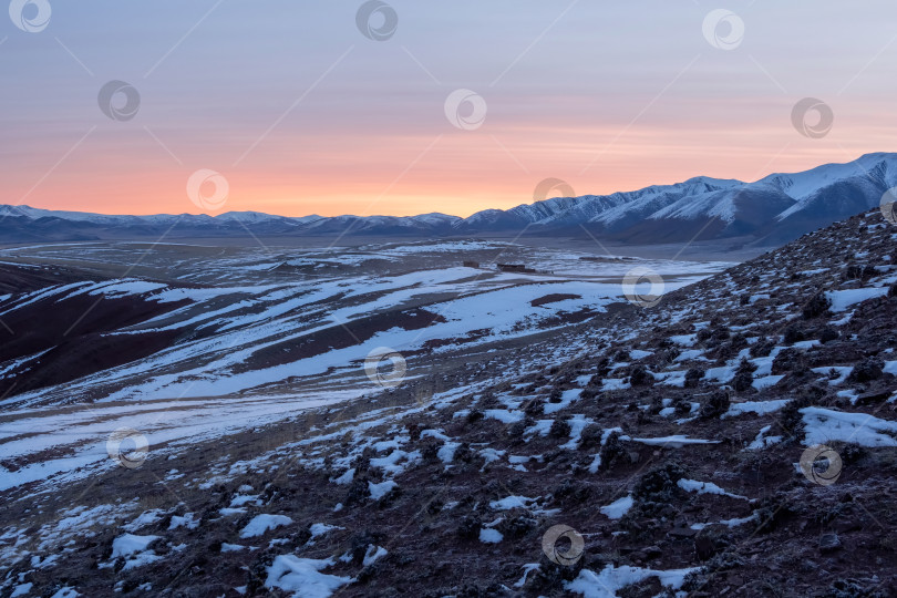 Скачать Мягкий розовый свет скользит по заснеженным вершинам гор фотосток Ozero