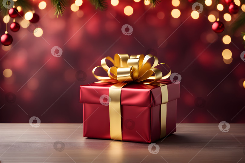 Скачать красный подарок с золотой лентой на праздничном новогоднем фоне с эффектом боке фотосток Ozero