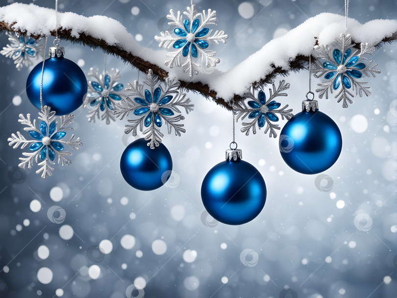 Скачать 4 темно-синих шара на ветке рождественской елки на синем фоне с эффектом боке фотосток Ozero