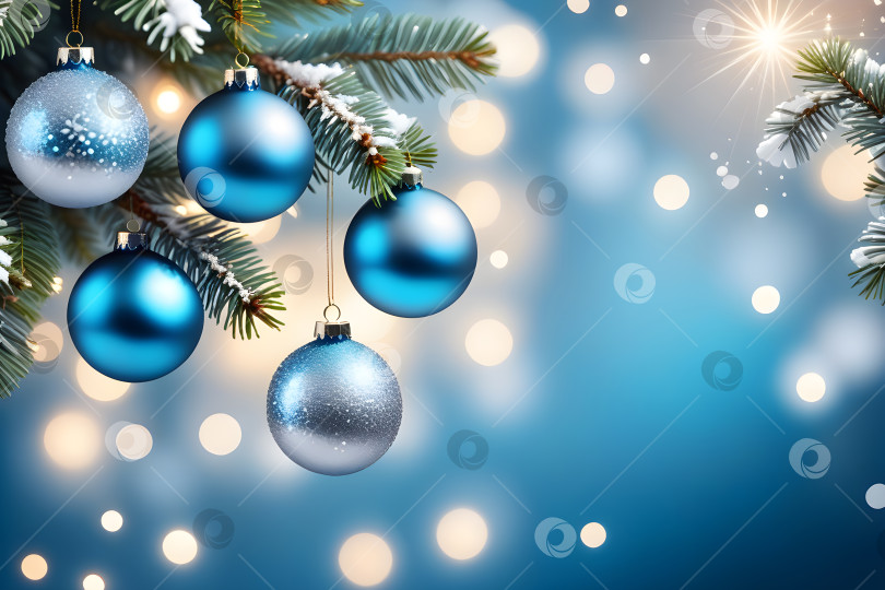Скачать 5 синих рождественских шаров на ветке рождественской елки на синем фоне с эффектом боке фотосток Ozero